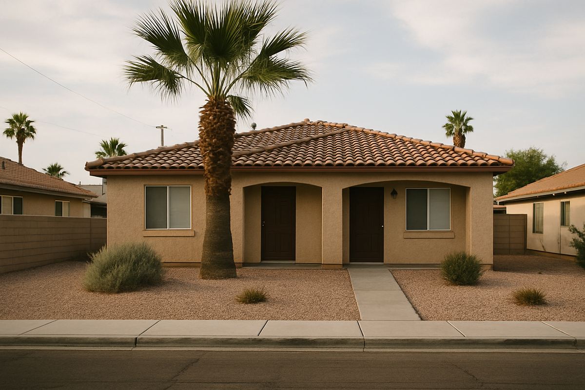 Tan stucco duplex with a gravel yard on a Las Vegas street