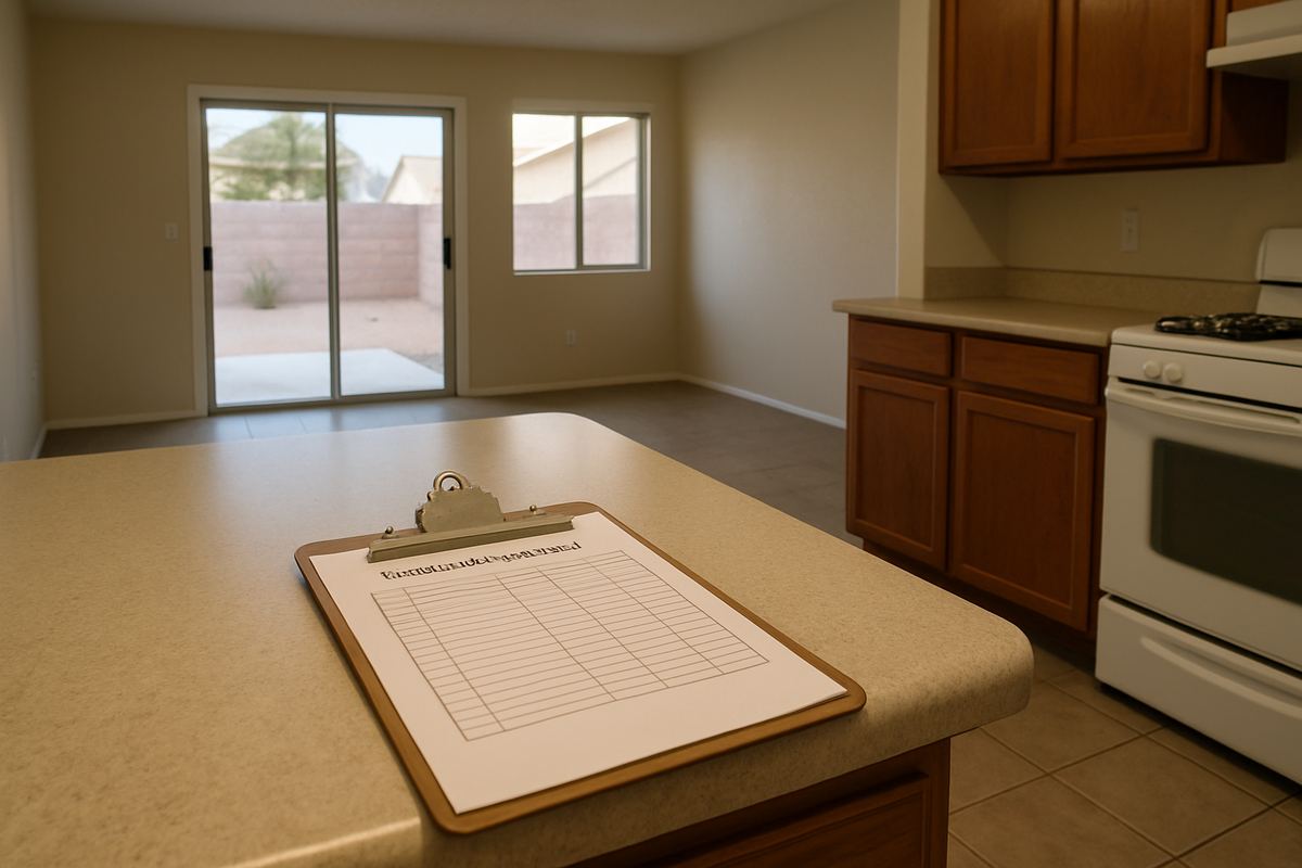 Clipboard with a blank checklist on a rental house counter