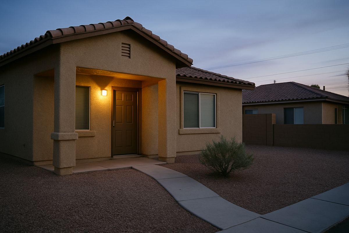 Las Vegas rental house at dusk with porch light on