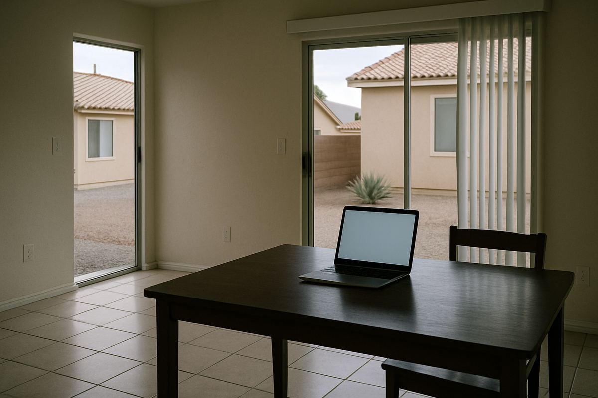 Laptop on a dining table in an empty rental house
