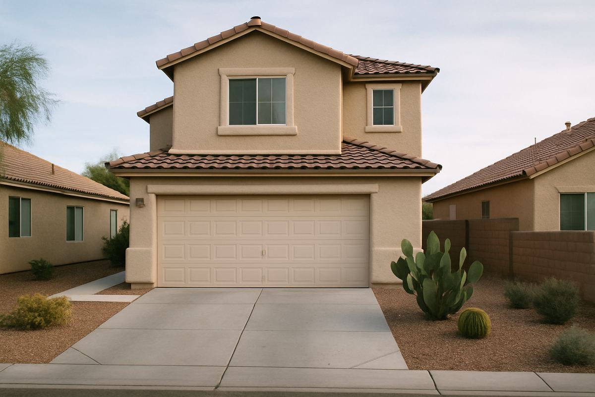 Two-story stucco rental home with a desert front yard