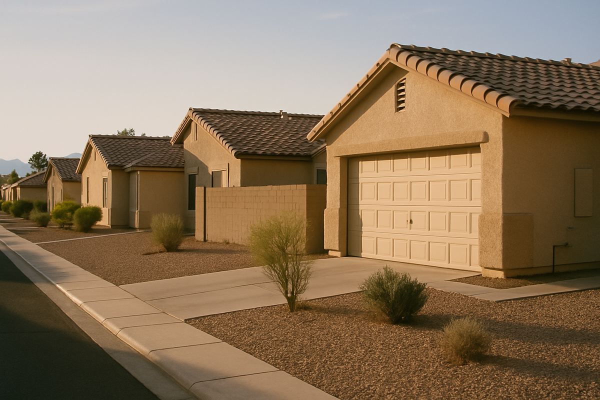 Casas de alquiler de estuco de un piso con patios de grava en una calle de Las Vegas