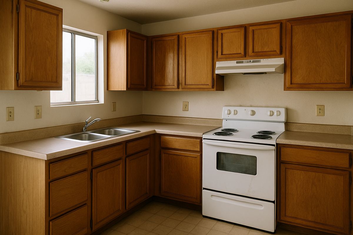 Worn rental kitchen with oak cabinets and laminate counters