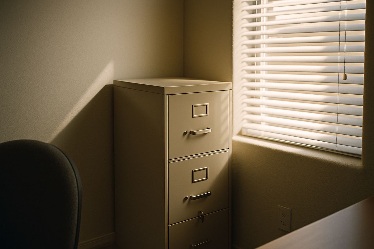 Locked filing cabinet in a small home office