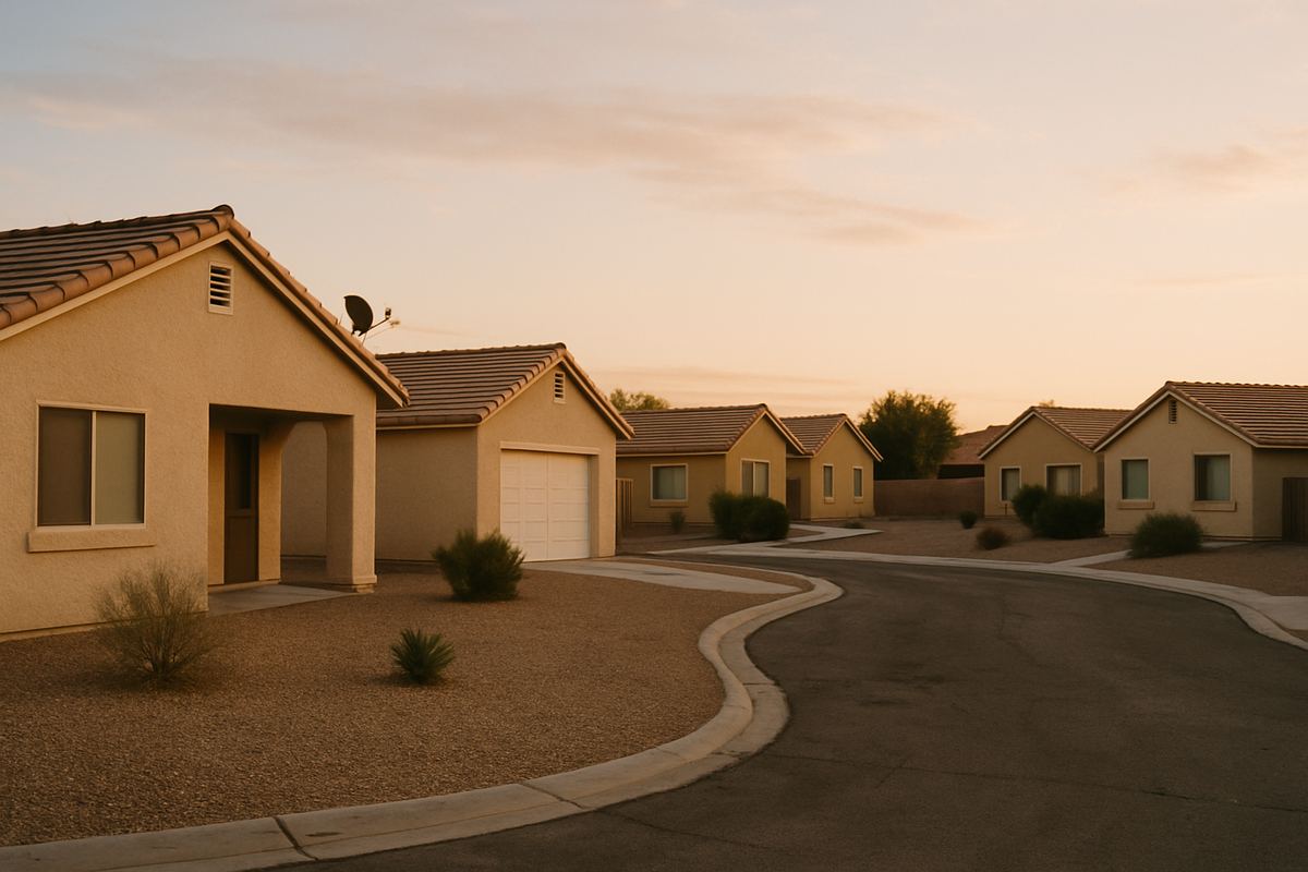Cul-de-sac of stucco rental houses at sunrise