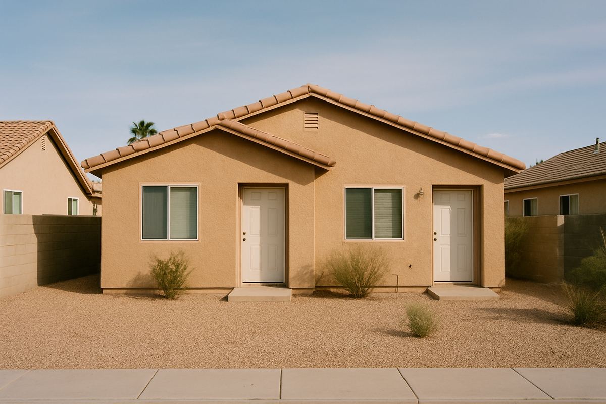 Two-door stucco duplex with a shared gravel yard