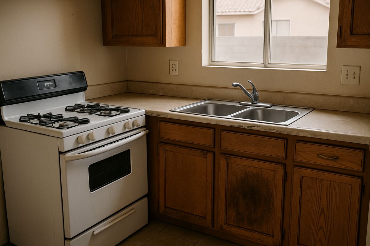 Worn rental kitchen with visible water damage