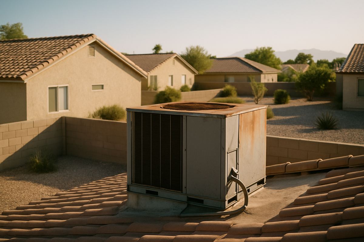Aging air conditioning unit on a Las Vegas rental roof