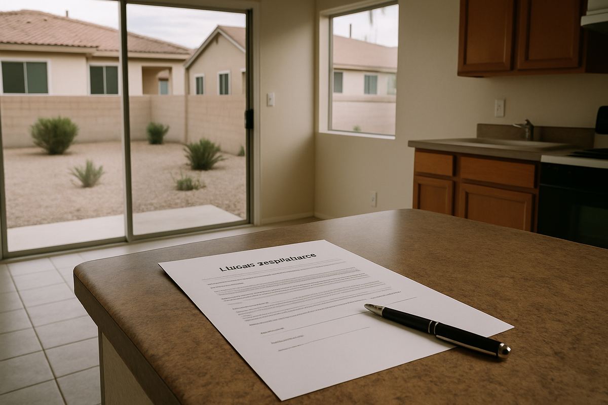 Printed lease and pen on a rental kitchen counter