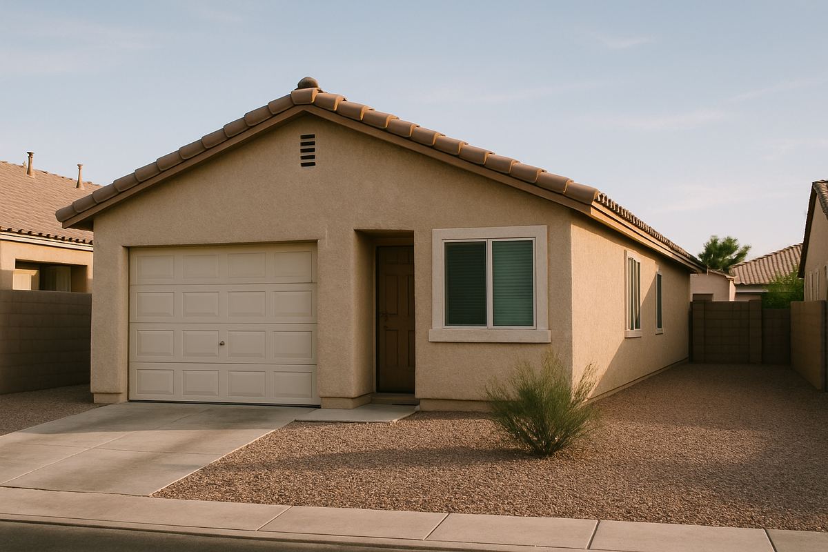 Stucco rental house with tile roof and gravel yard