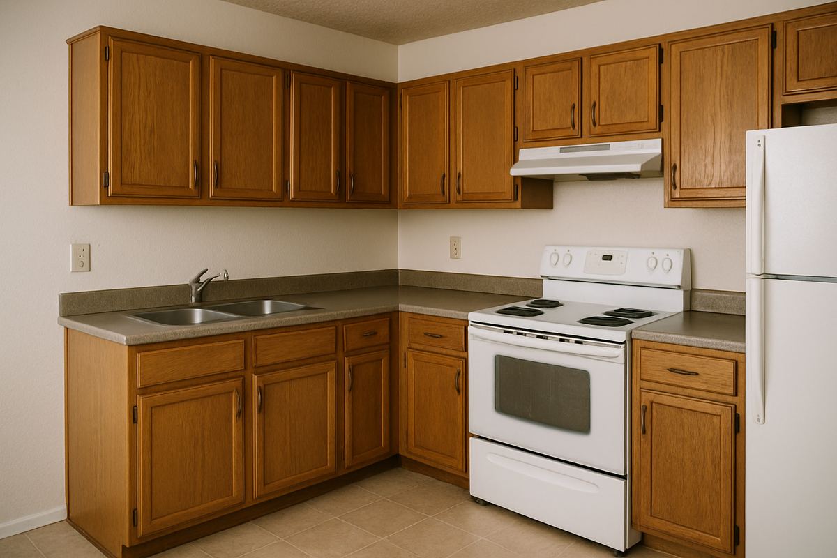 Worn kitchen inside an older Las Vegas rental